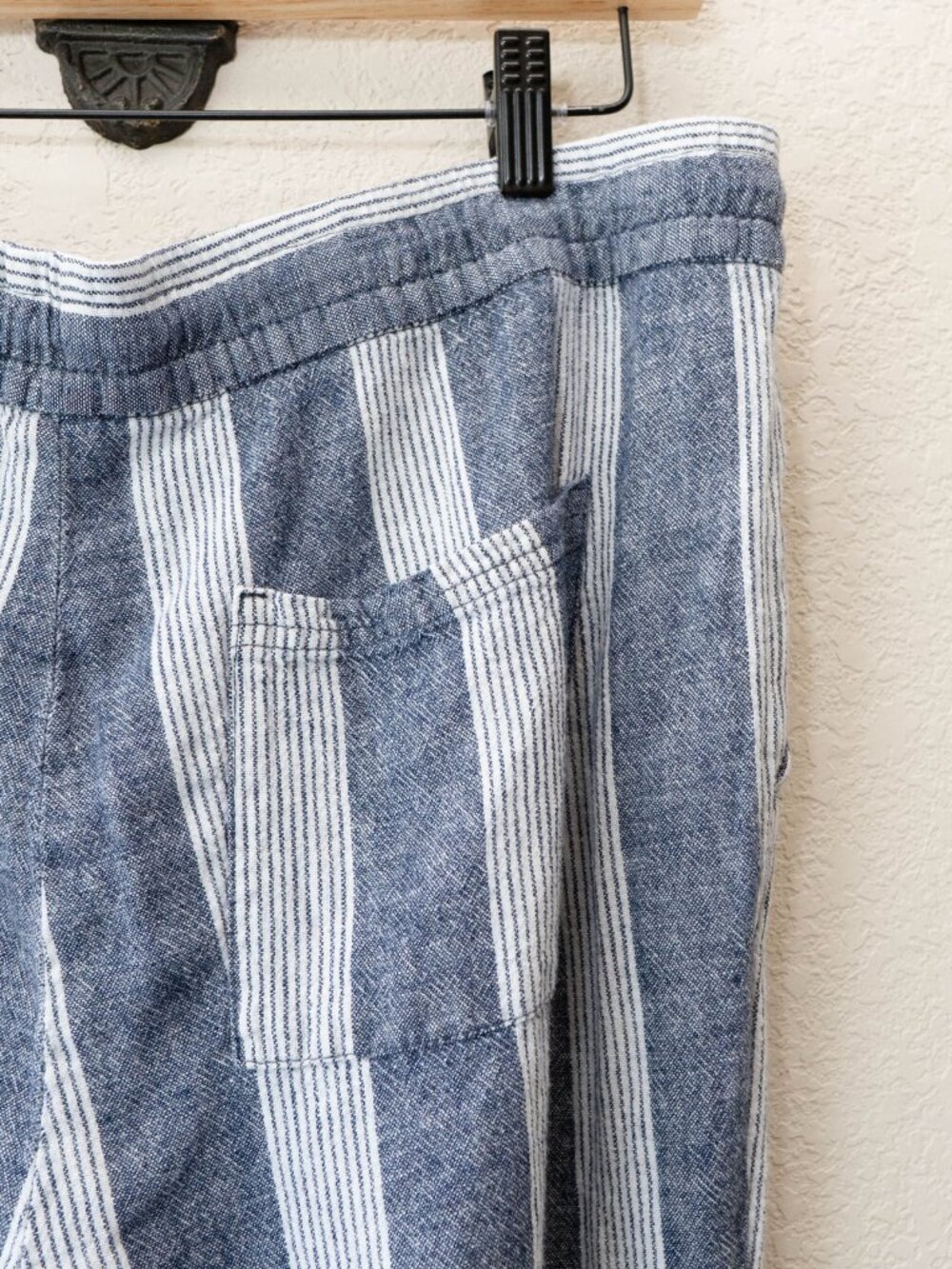 Old Navy Womens L Blue White Striped Linen Blend Wide Leg Pants Drawstring - Picture 11 of 14